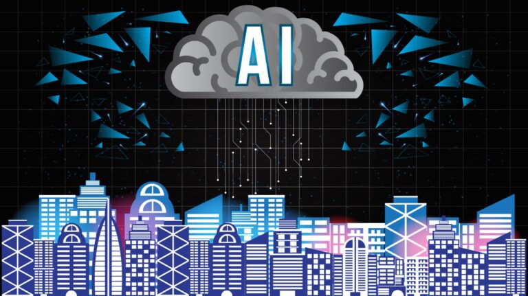 Illustration of highrise business with the letters AI in a cloud above buildings