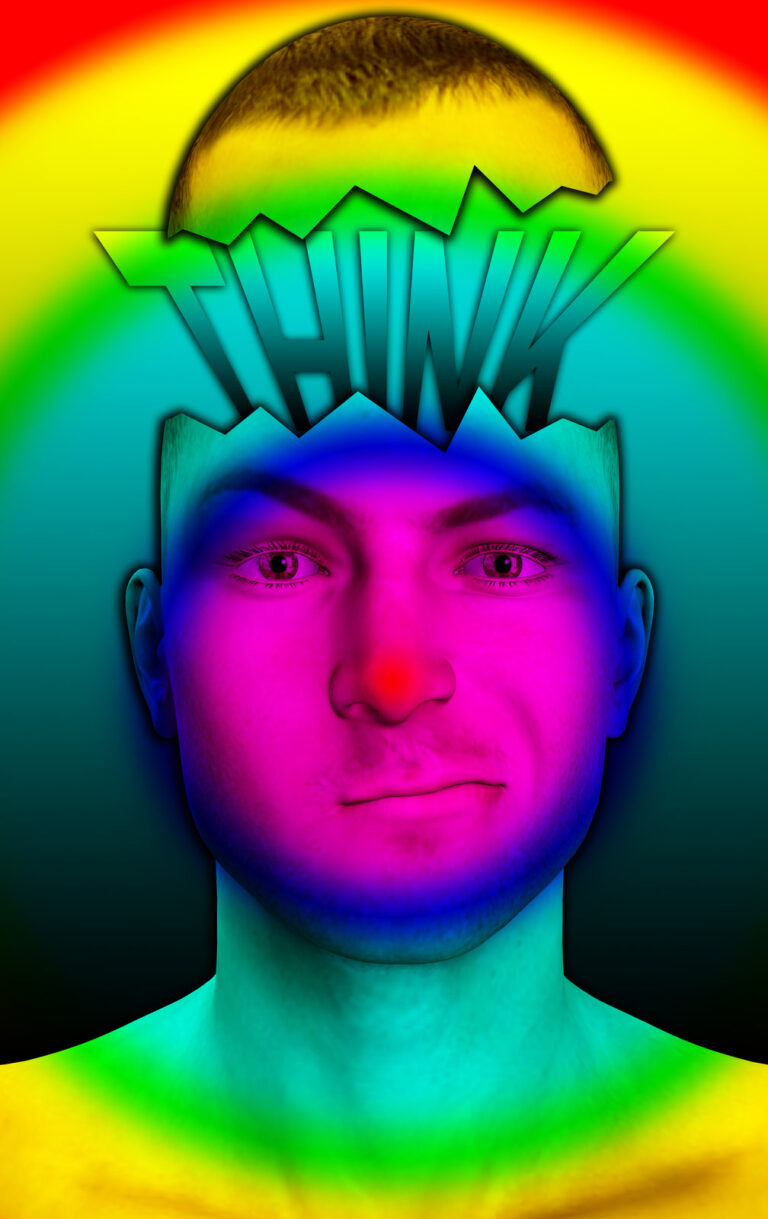 Man with a reddened face thinking