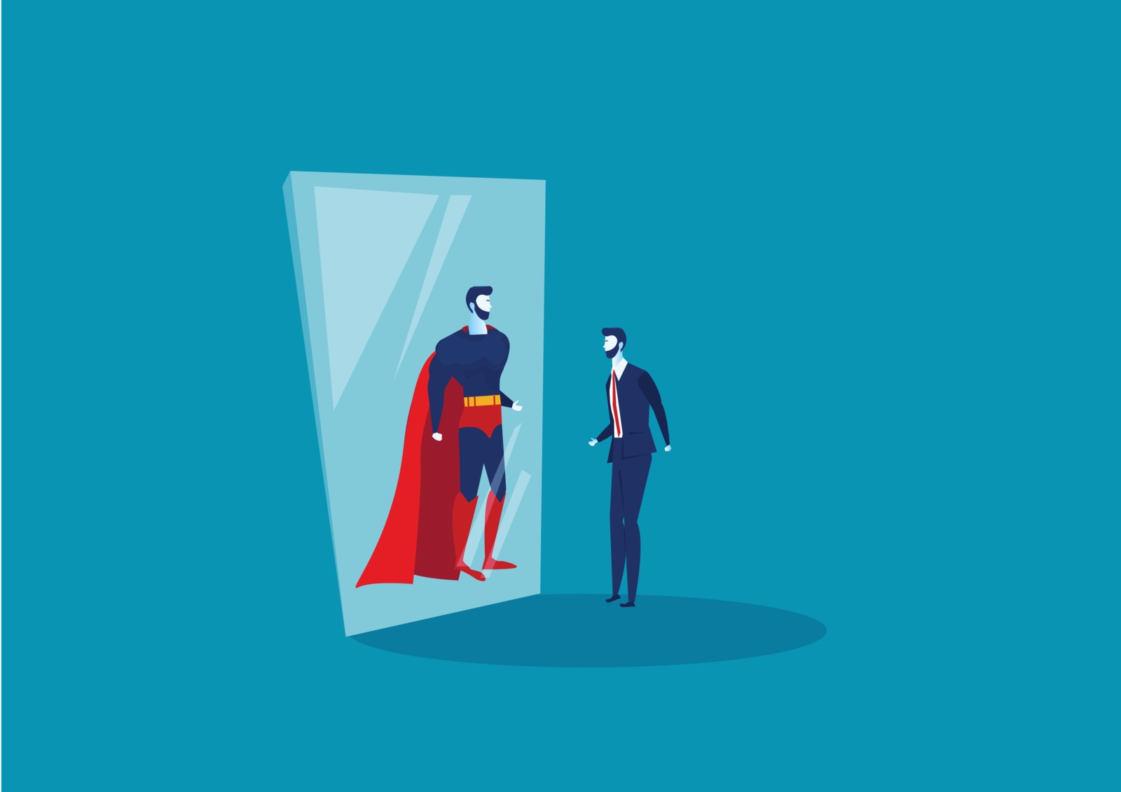 Business man looks in the mirror and sees a superhero