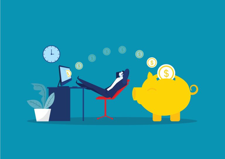 An illustration of a person sat back in a chair with a computer on a table in front and a large piggy bank behind the seat. The illustrations shows money moving from the computer, over the head of the person sitting back relaxed in the seat and in to the piggy bank illustrating the passive income