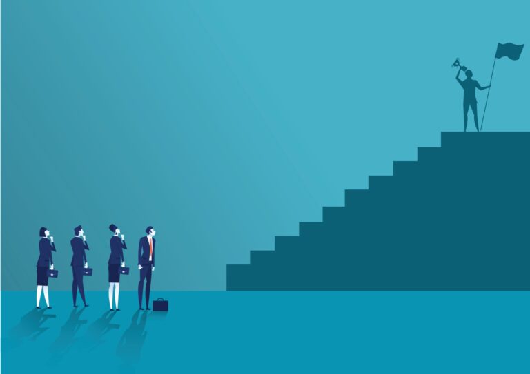 Business person stood on the top of a staircase with a trophy in one hand and a flag pole in the other indicating success in achieving a new challenge with business people at the bottom of the staircase looking up.