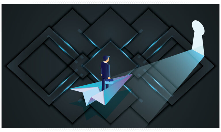 Business man stood on a paper aeroplane pointing towards a key hole in a darkend space to illustrate the challenge of achieving his aims in business.