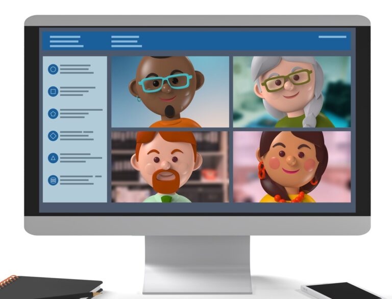 Computer screen with four faces representing a team meeting, with an iphone, pad and pen alongside.
