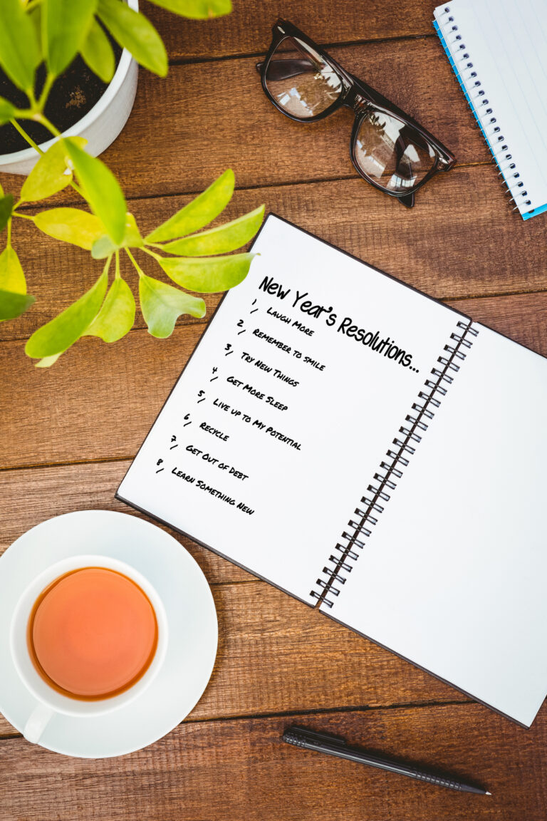 A cup of tea next to an open notebook with a list of new years resolutions and a leafy green plant in the top left hand corner.