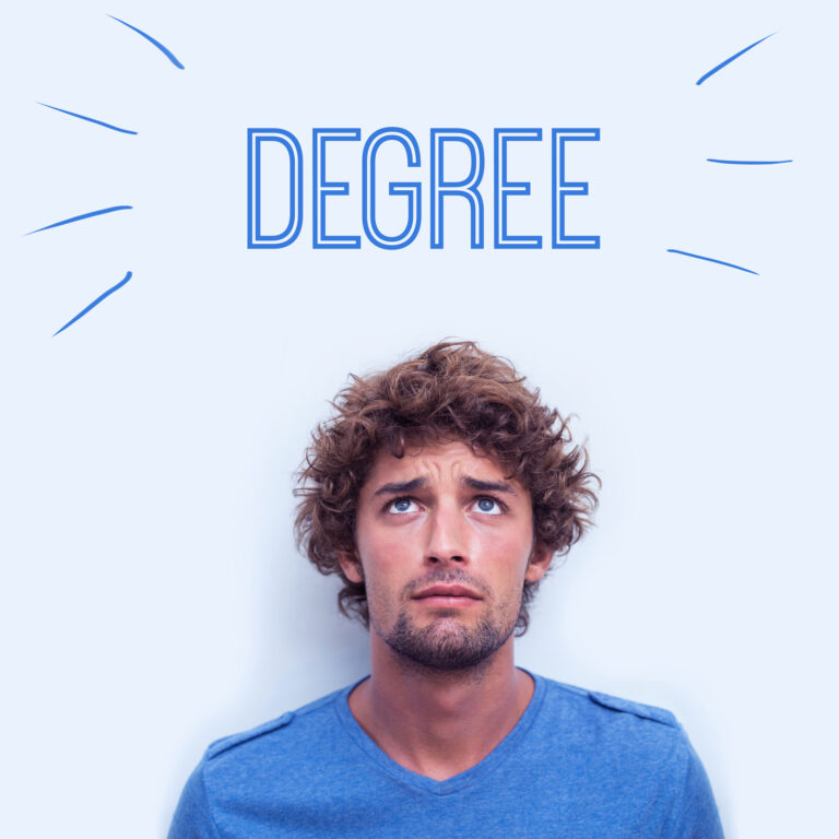young man looking up towards the word Degree above is head. He is considering the value of a degree.