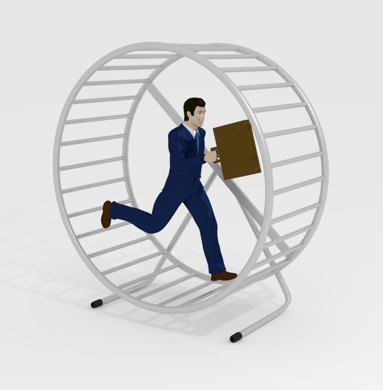 A man running in a circular treadmill with his briefcase in front of him.