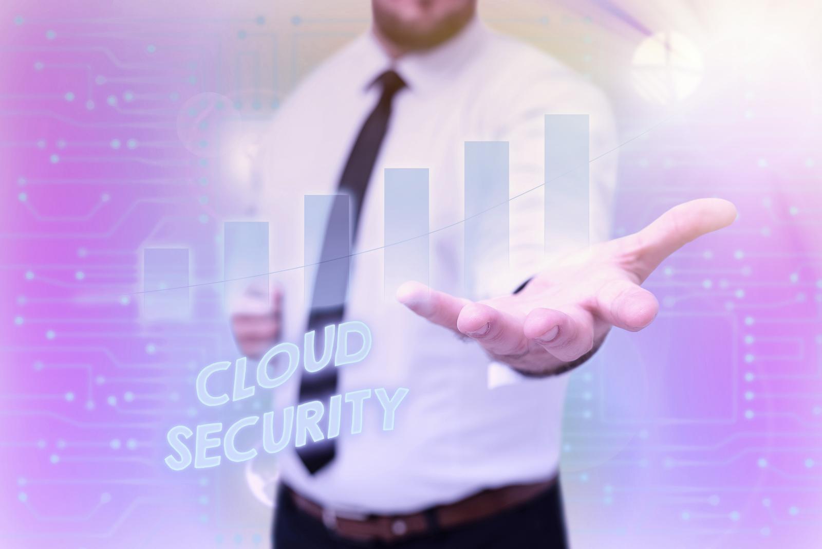 Business man with his hand out with the words Cloud Security in front of him
