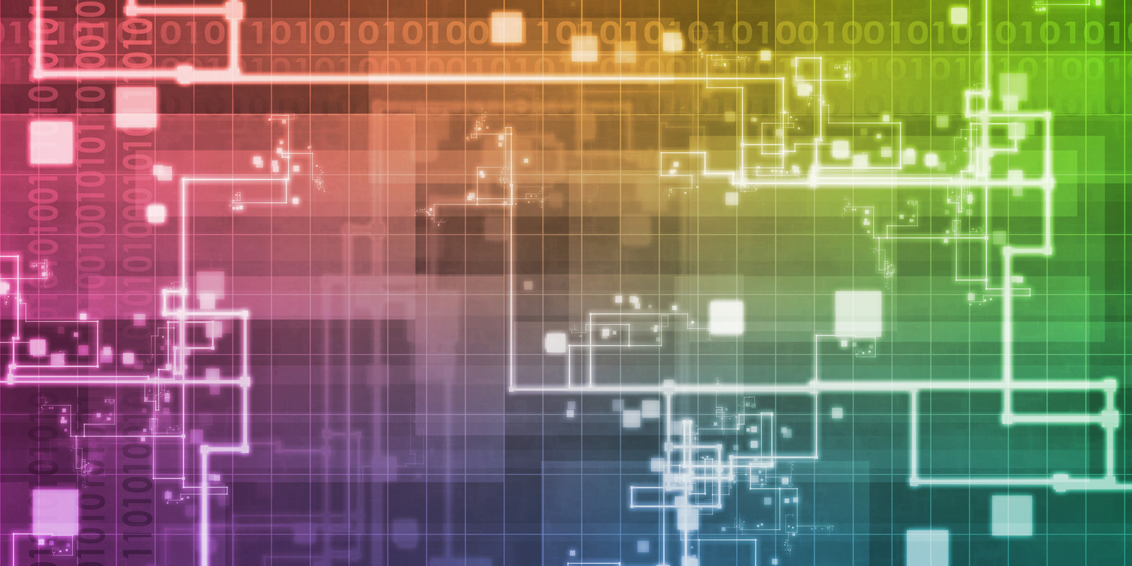 background of purple, blue, green and yellow with a diagram showing an IT system on top to illustrate tech startups
