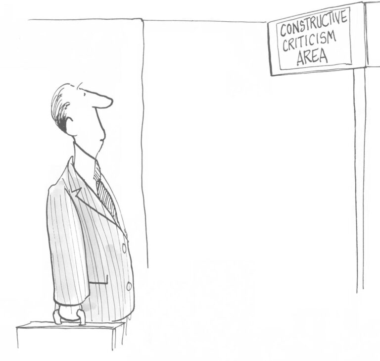 Pencil illustration of a business man waiting next to a sign saying 'Constructive Criticism Area'