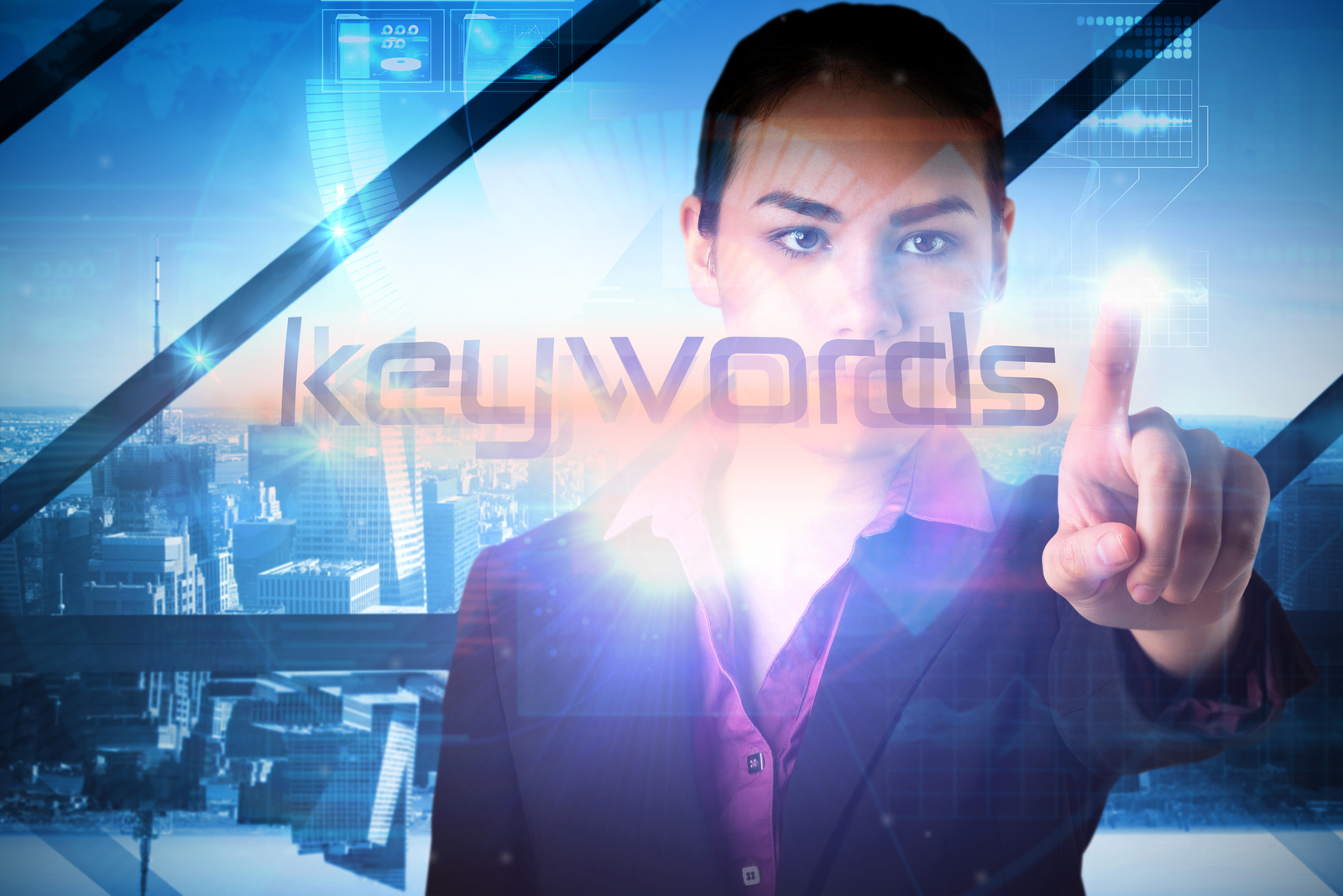 Business woman selecting keywords from a screen in front of her