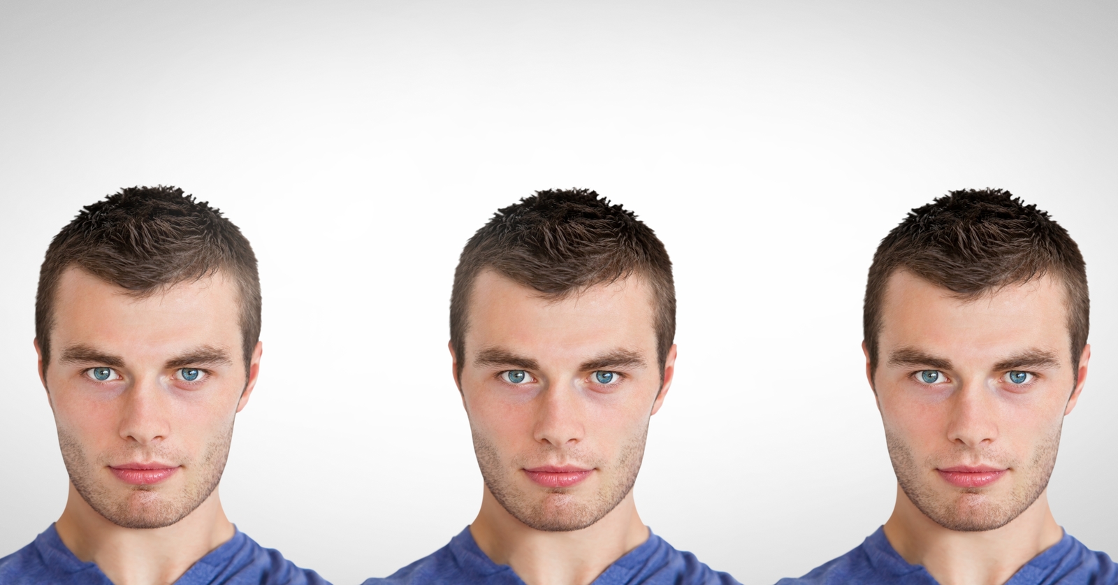 Three identical male faces stood next to each other, with only one genuine person and the other two deep fakes.