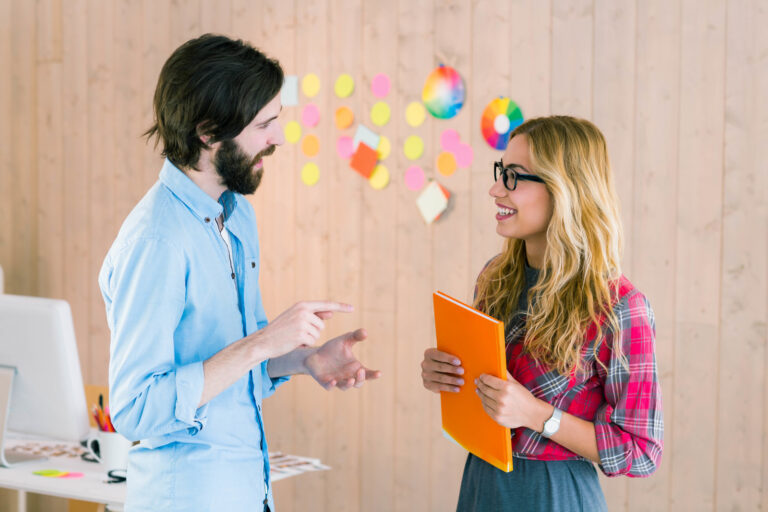 a man and woman discussing career ideas
