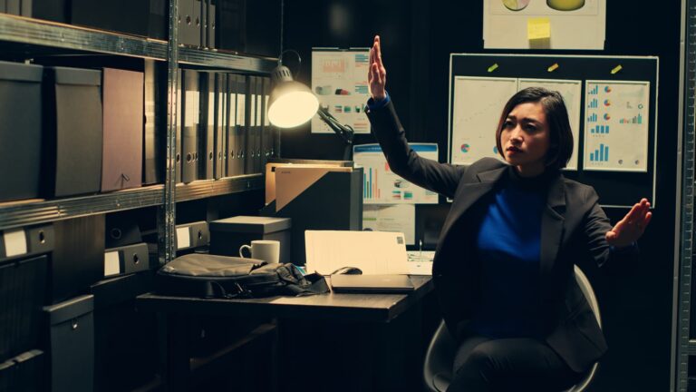 Woman sat in office using data and prompts to set up AI tools for business