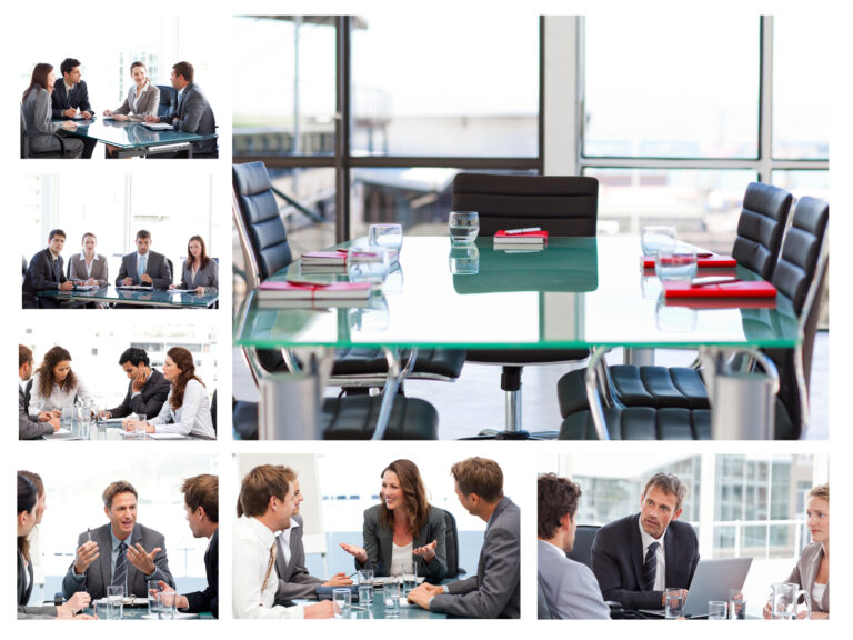 A collage of photos of people at meetings and a meeting table.