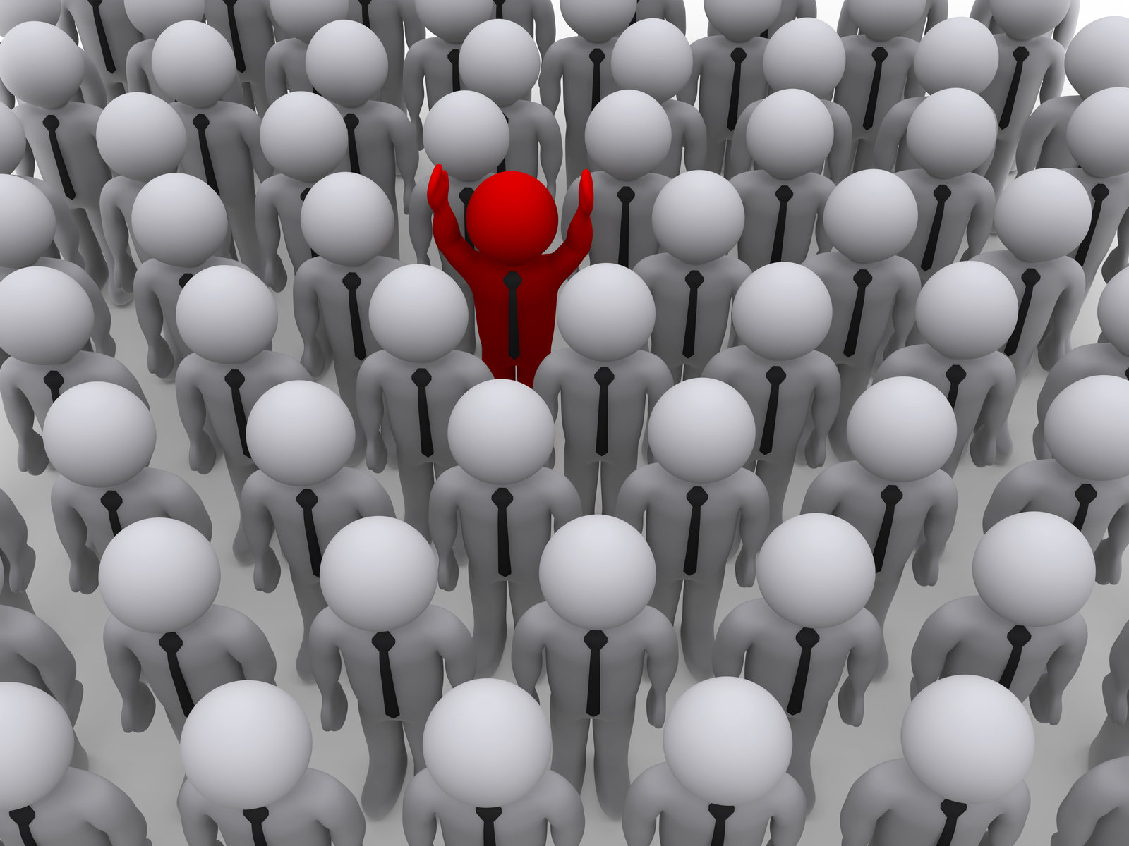 Unique business illustrated by a red model of a business person standing out amongst white models