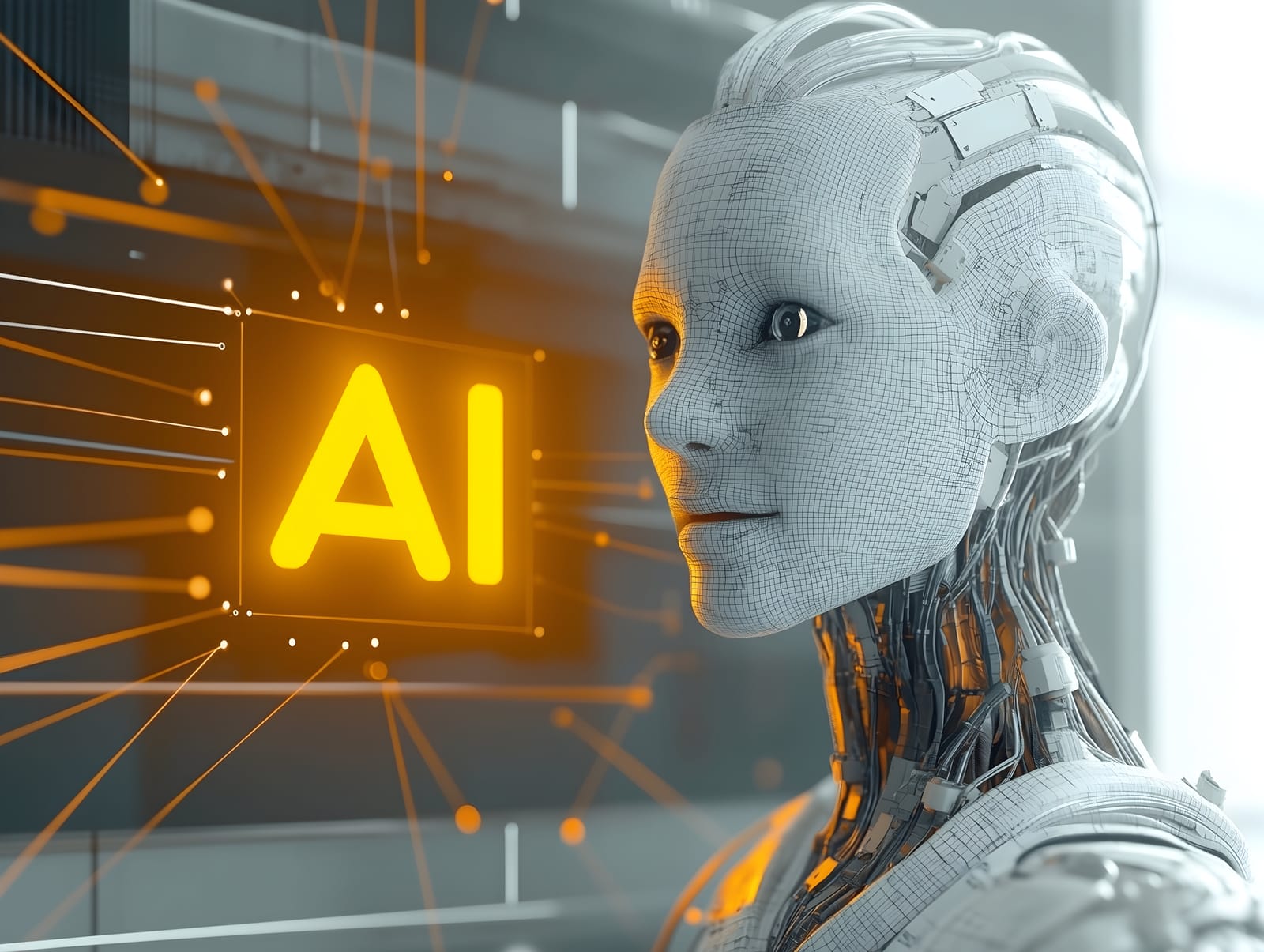 AI in neon lights behind a robot